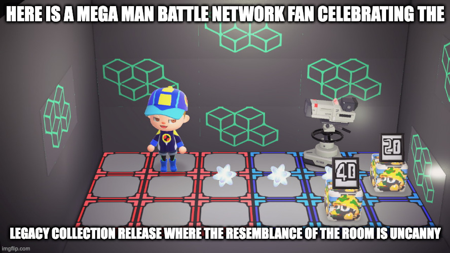 Animal Crossing Battle Network Fight Scene | HERE IS A MEGA MAN BATTLE NETWORK FAN CELEBRATING THE; LEGACY COLLECTION RELEASE WHERE THE RESEMBLANCE OF THE ROOM IS UNCANNY | image tagged in megaman,megaman battle network,animal crossing,gaming,memes | made w/ Imgflip meme maker