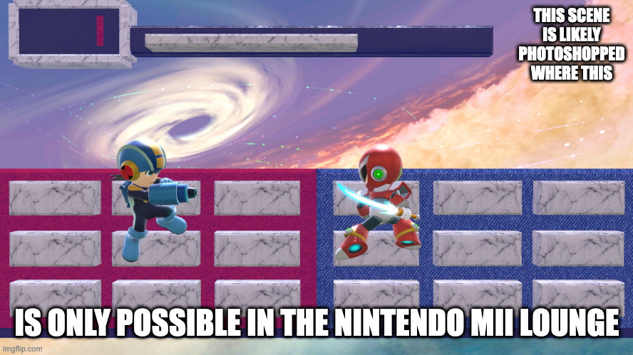 Miis in Mega Man Costumes Reenacting Battle Network Battle Scene | THIS SCENE IS LIKELY PHOTOSHOPPED WHERE THIS; IS ONLY POSSIBLE IN THE NINTENDO MII LOUNGE | image tagged in megaman,megaman battle network,megaman x,zero,memes,nintendo | made w/ Imgflip meme maker