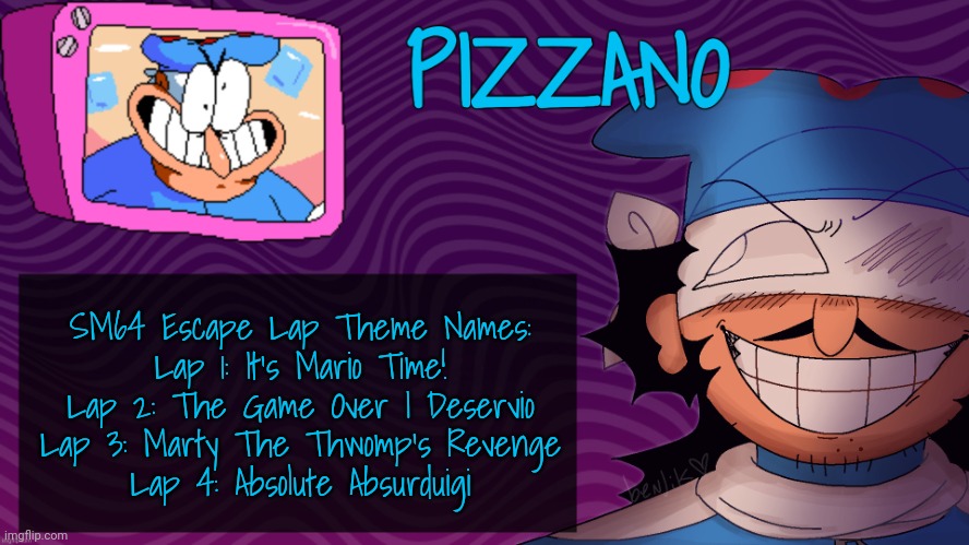 Pizzano's Gnarly Action-Packed Announcement Temp | SM64 Escape Lap Theme Names:
Lap 1: It's Mario Time!
Lap 2: The Game Over I Deservio
Lap 3: Marty The Thwomp's Revenge
Lap 4: Absolute Absurduigi | image tagged in pizzano's gnarly action-packed announcement temp | made w/ Imgflip meme maker
