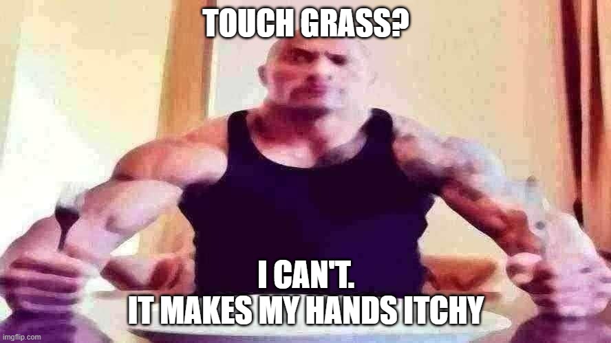 Mod note: Touch sand then | TOUCH GRASS? I CAN'T.
IT MAKES MY HANDS ITCHY | image tagged in dwayne the rock eating | made w/ Imgflip meme maker