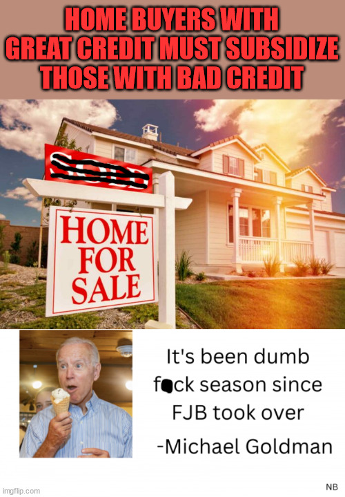 Stay away from Fannie Mae and Freddie Mac if you have a good credit score and need a new mortgage... | HOME BUYERS WITH GREAT CREDIT MUST SUBSIDIZE THOSE WITH BAD CREDIT | image tagged in joe biden,working class,hater | made w/ Imgflip meme maker