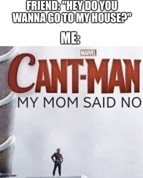 No. | FRIEND: "HEY DO YOU WANNA GO TO MY HOUSE?"; ME: | image tagged in cant man,friends | made w/ Imgflip meme maker