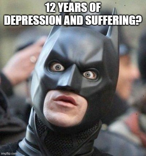 Shocked Batman | 12 YEARS OF DEPRESSION AND SUFFERING? | image tagged in shocked batman | made w/ Imgflip meme maker