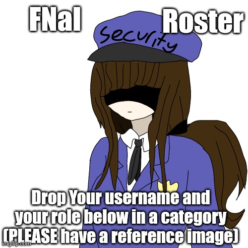 The Official FNaI Roster! | FNaI; Roster; Drop Your username and your role below in a category
(PLEASE have a reference image) | made w/ Imgflip meme maker