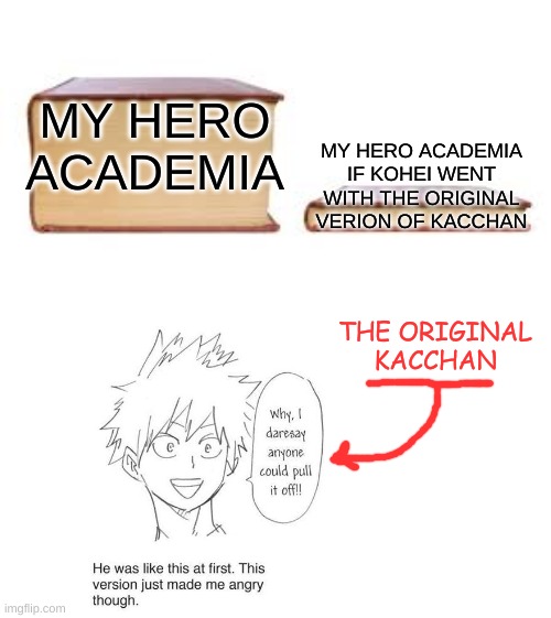 i can't look at that for 2 secs without dying inside | MY HERO ACADEMIA; MY HERO ACADEMIA IF KOHEI WENT WITH THE ORIGINAL VERION OF KACCHAN; THE ORIGINAL KACCHAN | image tagged in big book small book | made w/ Imgflip meme maker
