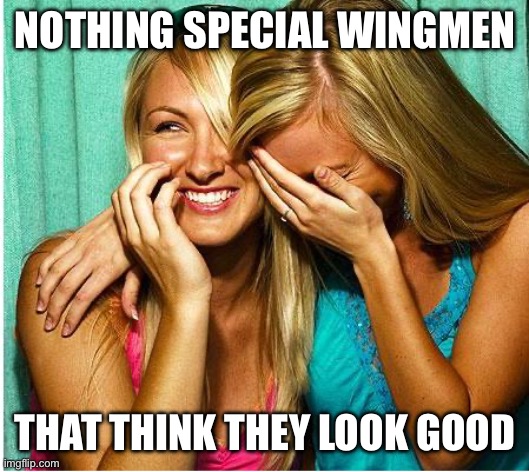 Laughing Girls | NOTHING SPECIAL WINGMEN; THAT THINK THEY LOOK GOOD | image tagged in laughing girls | made w/ Imgflip meme maker
