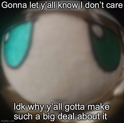 Fumo stare | Gonna let y’all know I don’t care; Idk why y’all gotta make such a big deal about it | image tagged in fumo stare | made w/ Imgflip meme maker