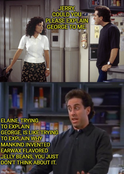JERRY, COULD YOU PLEASE EXPLAIN GEORGE TO ME. ELAINE, TRYING TO EXPLAIN GEORGE, IS LIKE TRYING TO EXPLAIN WHY MANKIND INVENTED EARWAX FLAVOR | image tagged in jerry seinfeld | made w/ Imgflip meme maker