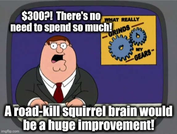 Peter Griffin News Meme | $300?!  There's no
need to spend so much! A road-kill squirrel brain would
be a huge improvement! | image tagged in memes,peter griffin news | made w/ Imgflip meme maker