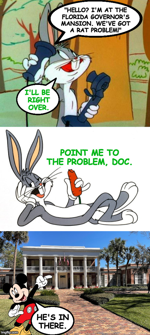 Rat problems. | "HELLO? I'M AT THE
FLORIDA GOVERNOR'S
MANSION. WE'VE GOT
A RAT PROBLEM!"; I'LL BE 
RIGHT
OVER. POINT ME TO THE PROBLEM, DOC. HE'S IN
THERE. | image tagged in memes,mickey mouse,bugs bunny,ironic | made w/ Imgflip meme maker