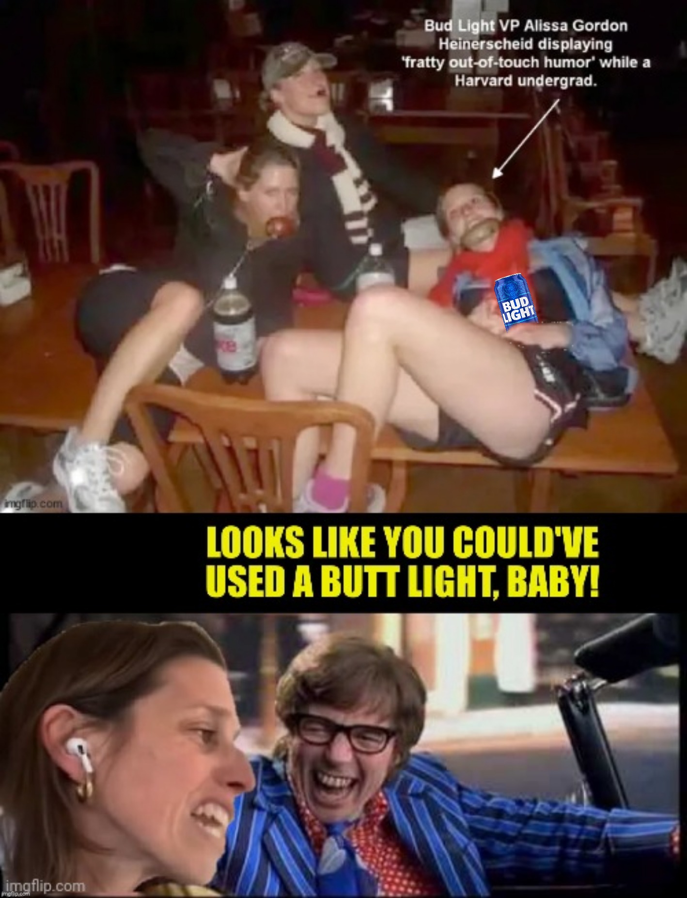 Bad Photoshop Sunday presents:  Fratty | image tagged in bad photoshop sunday,alissa heinerscheid,austin powers,bud light,butt light,fratty | made w/ Imgflip meme maker