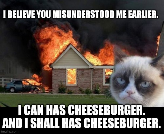 Burn Kitty | I BELIEVE YOU MISUNDERSTOOD ME EARLIER. I CAN HAS CHEESEBURGER. AND I SHALL HAS CHEESEBURGER. | image tagged in memes,burn kitty,grumpy cat | made w/ Imgflip meme maker