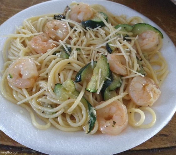 Shrimp and zucchini pasta | image tagged in the pasta was flavorless,but looks cool when made,was an interesting idea,but still flavorless | made w/ Imgflip meme maker