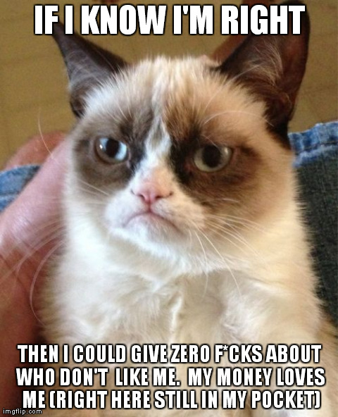 If I Know Im Right...... | IF I KNOW I'M RIGHT THEN I COULD GIVE ZERO F*CKS ABOUT WHO DON'T  LIKE ME.  MY MONEY LOVES ME (RIGHT HERE STILL IN MY POCKET) | image tagged in memes,grumpy cat,funny,motivators,animals,getatme | made w/ Imgflip meme maker