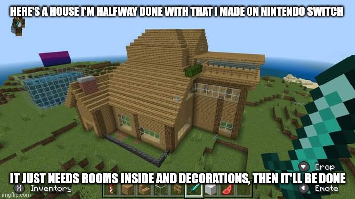 HERE'S A HOUSE I'M HALFWAY DONE WITH THAT I MADE ON NINTENDO SWITCH; IT JUST NEEDS ROOMS INSIDE AND DECORATIONS, THEN IT'LL BE DONE | image tagged in minecraft,gaming,nintendo switch,screenshot | made w/ Imgflip meme maker