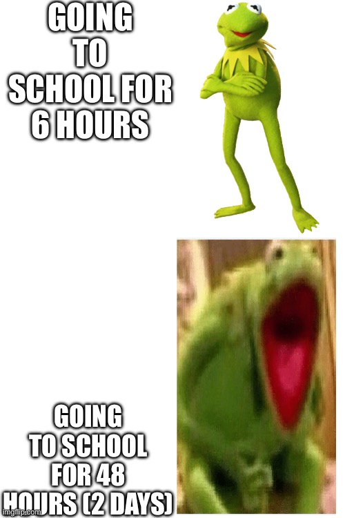 Kermit | GOING TO SCHOOL FOR 6 HOURS; GOING TO SCHOOL FOR 48 HOURS (2 DAYS) | image tagged in kermit | made w/ Imgflip meme maker