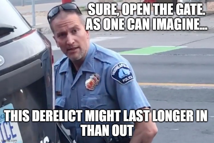 Derek Chauvin | SURE, OPEN THE GATE.
AS ONE CAN IMAGINE... THIS DERELICT MIGHT LAST LONGER IN 
THAN OUT | image tagged in derek chauvin | made w/ Imgflip meme maker