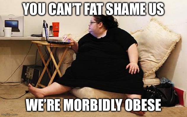 Morbidly obese | YOU CAN’T FAT SHAME US; WE’RE MORBIDLY OBESE | image tagged in obese woman at computer,fat,obesity,obese,morbid,shameless | made w/ Imgflip meme maker