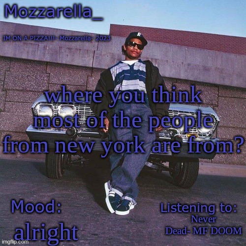 like there nationality | where you think most of the people from new york are from? Never Dead- MF DOOM; alright | image tagged in eazy-e temp | made w/ Imgflip meme maker