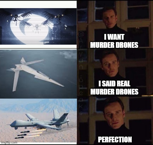show me the real | I WANT MURDER DRONES; I SAID REAL MURDER DRONES; PERFECTION | image tagged in show me the real,murder drones,drone | made w/ Imgflip meme maker