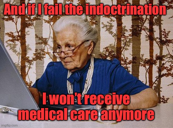Old woman at pc | And if I fail the indoctrination I won’t receive medical care anymore | image tagged in old woman at pc | made w/ Imgflip meme maker