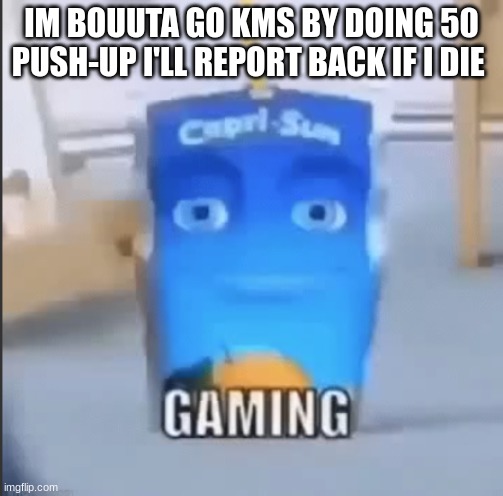 gaming | IM BOUUTA GO KMS BY DOING 50 PUSH-UP I'LL REPORT BACK IF I DIE | image tagged in gaming | made w/ Imgflip meme maker