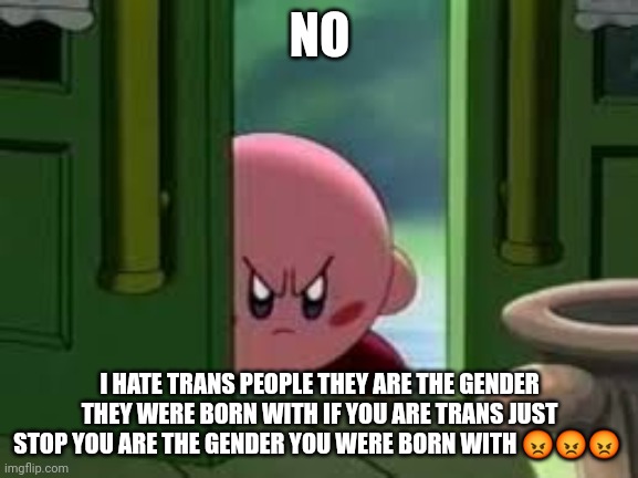 Pissed off Kirby | NO I HATE TRANS PEOPLE THEY ARE THE GENDER THEY WERE BORN WITH IF YOU ARE TRANS JUST STOP YOU ARE THE GENDER YOU WERE BORN WITH ??? | image tagged in pissed off kirby | made w/ Imgflip meme maker