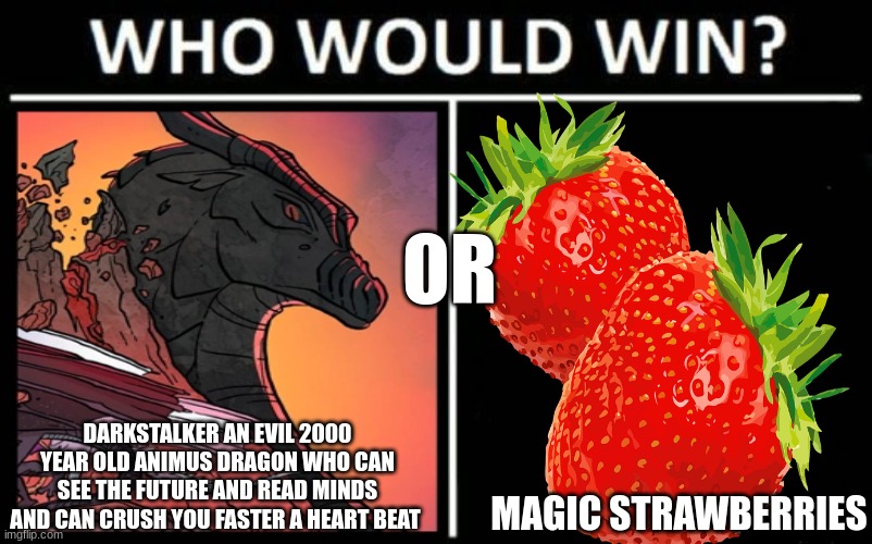 darkstalker vs strawberry | OR; DARKSTALKER AN EVIL 2000 YEAR OLD ANIMUS DRAGON WHO CAN SEE THE FUTURE AND READ MINDS AND CAN CRUSH YOU FASTER A HEART BEAT; MAGIC STRAWBERRIES | image tagged in memes,who would win | made w/ Imgflip meme maker