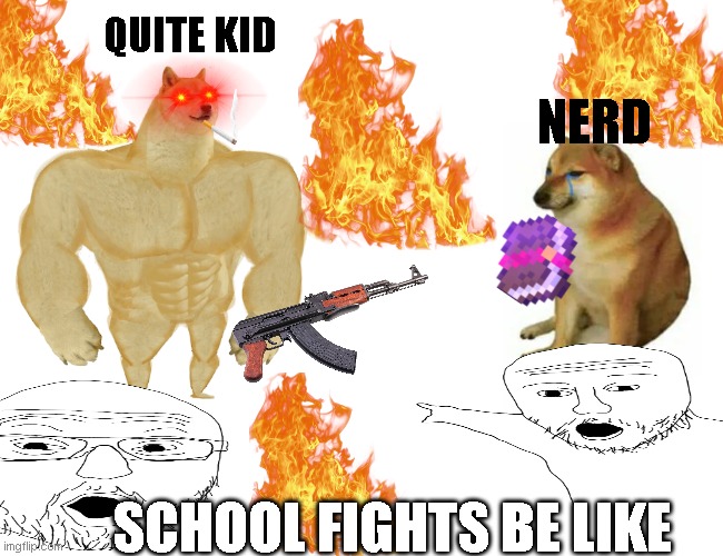 school fights be like | QUITE KID; NERD; SCHOOL FIGHTS BE LIKE | image tagged in memes,buff doge vs cheems | made w/ Imgflip meme maker