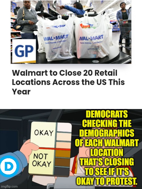 We'll have to wait and see if they protest every location. | DEMOCRATS CHECKING THE DEMOGRAPHICS OF EACH WALMART LOCATION THAT'S CLOSING TO SEE IF IT'S OKAY TO PROTEST. | image tagged in peter griffin color chart,walmart,democrats,protest | made w/ Imgflip meme maker