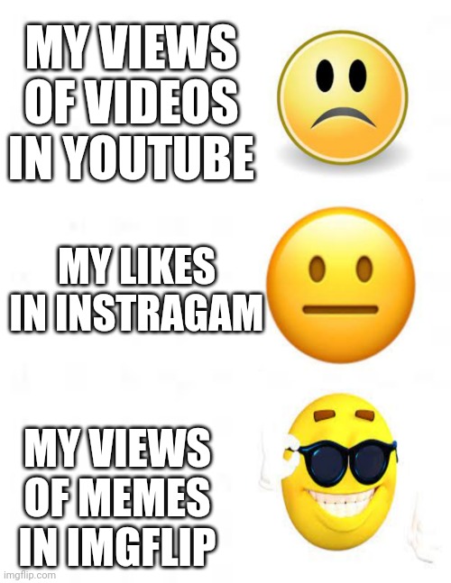 My views | MY VIEWS OF VIDEOS IN YOUTUBE; MY LIKES IN INSTRAGAM; MY VIEWS OF MEMES IN IMGFLIP | image tagged in funny memes | made w/ Imgflip meme maker
