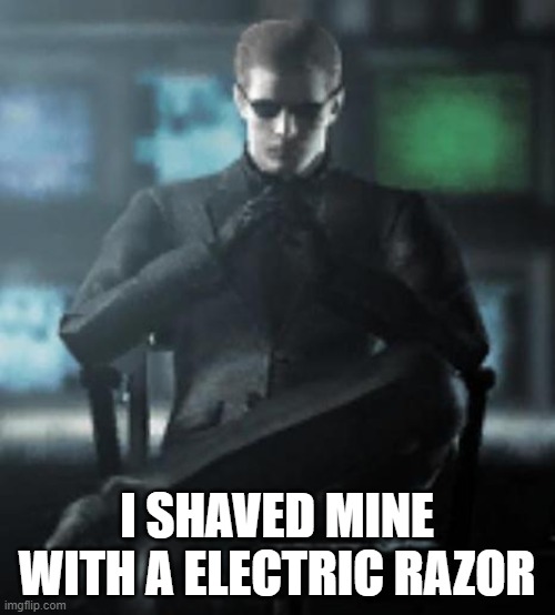 Devious Wesker | I SHAVED MINE WITH A ELECTRIC RAZOR | image tagged in devious wesker | made w/ Imgflip meme maker