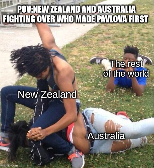 (New Zealand made it first btw..) | POV:NEW ZEALAND AND AUSTRALIA FIGHTING OVER WHO MADE PAVLOVA FIRST; The rest of the world; New Zealand; Australia | image tagged in guy recording a fight | made w/ Imgflip meme maker