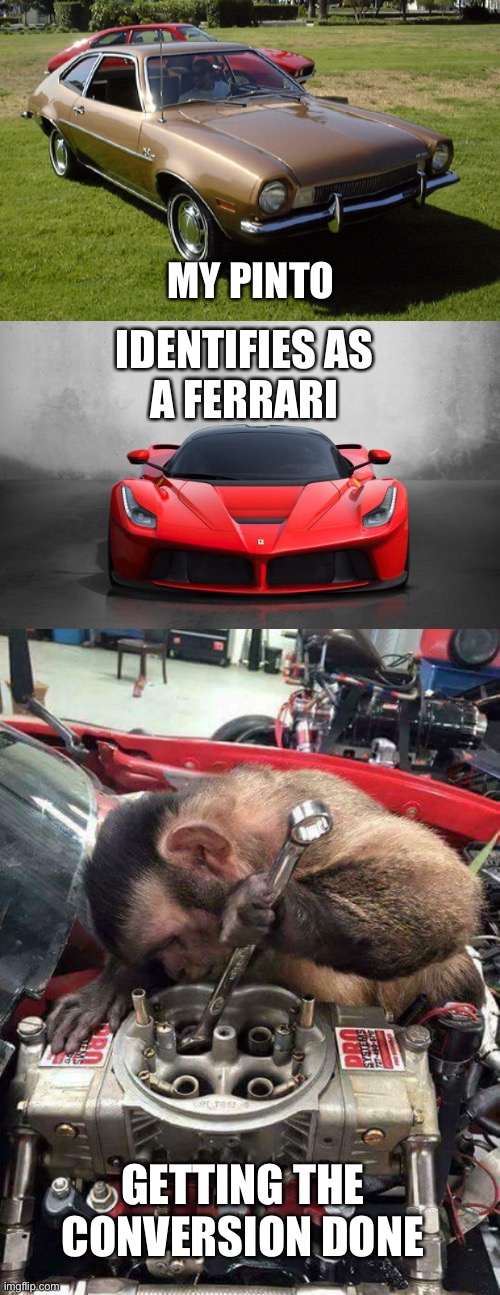 MY PINTO; IDENTIFIES AS 
A FERRARI; GETTING THE CONVERSION DONE | image tagged in ford pinto,ferrari,monkey mechanic | made w/ Imgflip meme maker