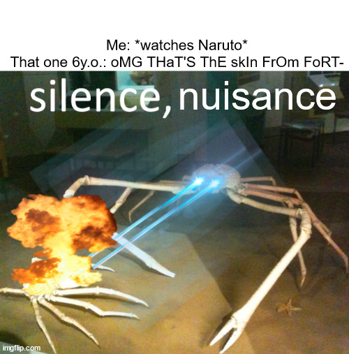 Silence Crab | Me: *watches Naruto*
That one 6y.o.: oMG THaT'S ThE skIn FrOm FoRT-; nuisance | image tagged in silence crab | made w/ Imgflip meme maker