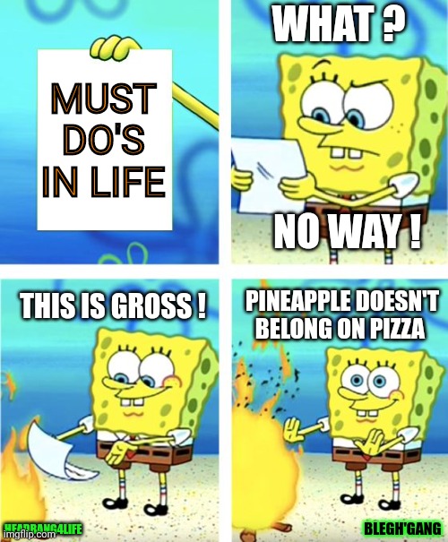 ?+?=? | WHAT ? MUST DO'S IN LIFE; NO WAY ! THIS IS GROSS ! PINEAPPLE DOESN'T BELONG ON PIZZA; BLEGH'GANG; HEADBANG4LIFE | image tagged in spongebob burning paper | made w/ Imgflip meme maker