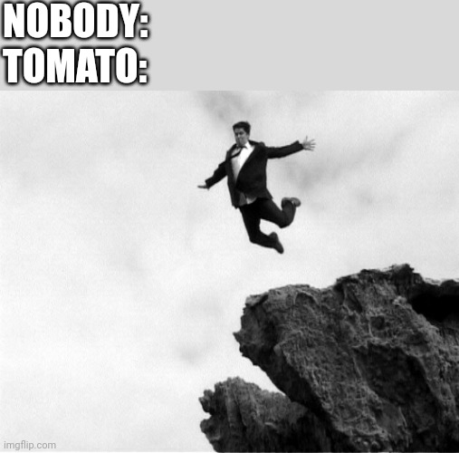 Man Jumping Off a Cliff | NOBODY:
TOMATO: | image tagged in man jumping off a cliff | made w/ Imgflip meme maker
