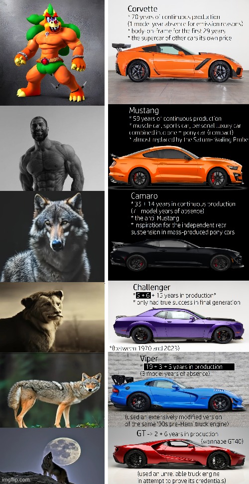 Bowsa Chad, Giga Chad, Alpha Chad, Beta Fad, and Sigma Fad | image tagged in corvette,mustang,camaro,challenger,viper,ford gt | made w/ Imgflip meme maker