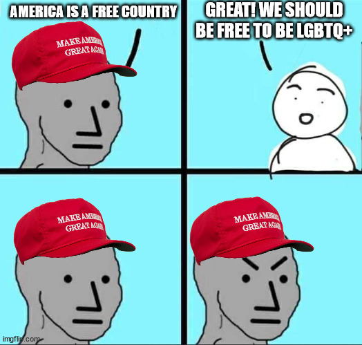 NPC Meme | GREAT! WE SHOULD BE FREE TO BE LGBTQ+; AMERICA IS A FREE COUNTRY | image tagged in npc meme,conservative hypocrisy | made w/ Imgflip meme maker