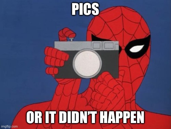 Spiderman Camera Meme | PICS; OR IT DIDN’T HAPPEN | image tagged in memes,spiderman camera,spiderman | made w/ Imgflip meme maker