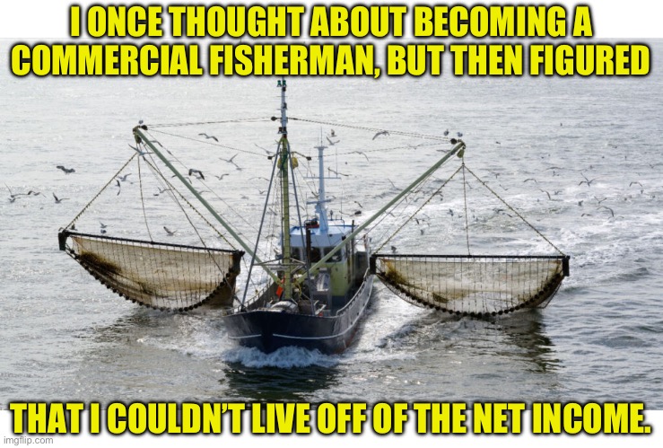 It’s the net income that counts | I ONCE THOUGHT ABOUT BECOMING A COMMERCIAL FISHERMAN, BUT THEN FIGURED; THAT I COULDN’T LIVE OFF OF THE NET INCOME. | image tagged in bad pun | made w/ Imgflip meme maker