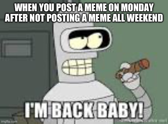 Posting A Meme On Monday | WHEN YOU POST A MEME ON MONDAY AFTER NOT POSTING A MEME ALL WEEKEND | image tagged in i'm back baby,monday,im back,weekend,busy | made w/ Imgflip meme maker