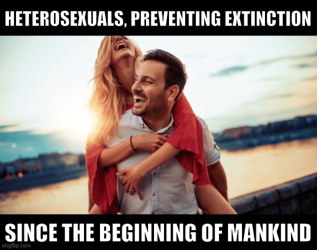 Since the beginning of mankind. | HETEROSEXUALS, PREVENTING EXTINCTION; SINCE THE BEGINNING OF MANKIND | image tagged in memes | made w/ Imgflip meme maker