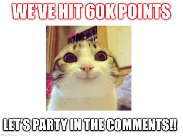 Totally didn’t steal this idea from Iceu | WE’VE HIT 60K POINTS; LET’S PARTY IN THE COMMENTS!! | image tagged in smiling cat,celebration | made w/ Imgflip meme maker