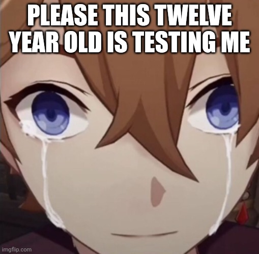 CHilde crying | PLEASE THIS TWELVE YEAR OLD IS TESTING ME | image tagged in childe crying | made w/ Imgflip meme maker