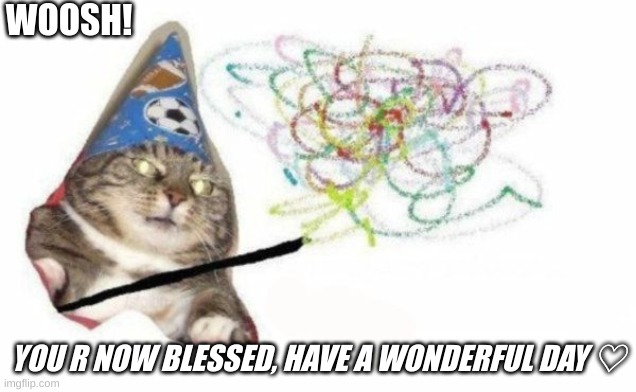 Woosh cat has blessed you. (should've posted this in the wholesome stream-) | WOOSH! YOU R NOW BLESSED, HAVE A WONDERFUL DAY ♡ | image tagged in woosh cat | made w/ Imgflip meme maker