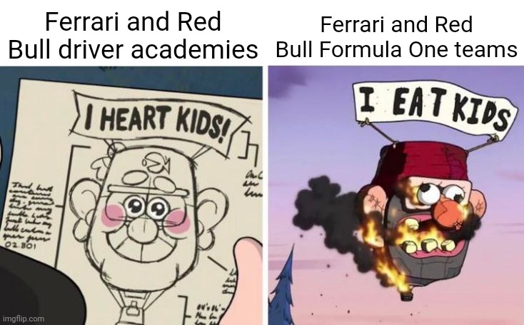 I heart kids, I eat kids | Ferrari and Red Bull driver academies; Ferrari and Red Bull Formula One teams | image tagged in i heart kids i eat kids,formula 1,ferrari,red bull | made w/ Imgflip meme maker