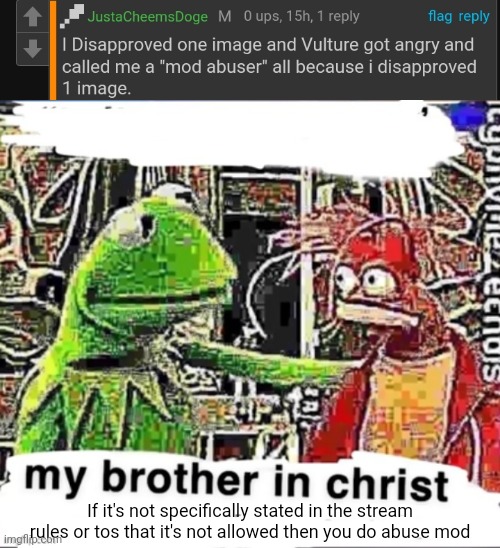 If it's not specifically stated in the stream rules or tos that it's not allowed then you do abuse mod | image tagged in my brother in christ | made w/ Imgflip meme maker