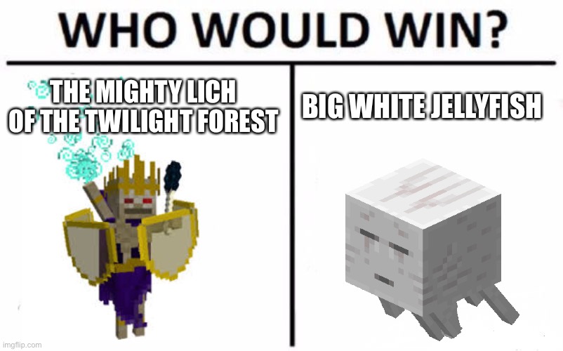 Ghast: Its Big Brain Time | THE MIGHTY LICH OF THE TWILIGHT FOREST; BIG WHITE JELLYFISH | image tagged in memes,who would win | made w/ Imgflip meme maker