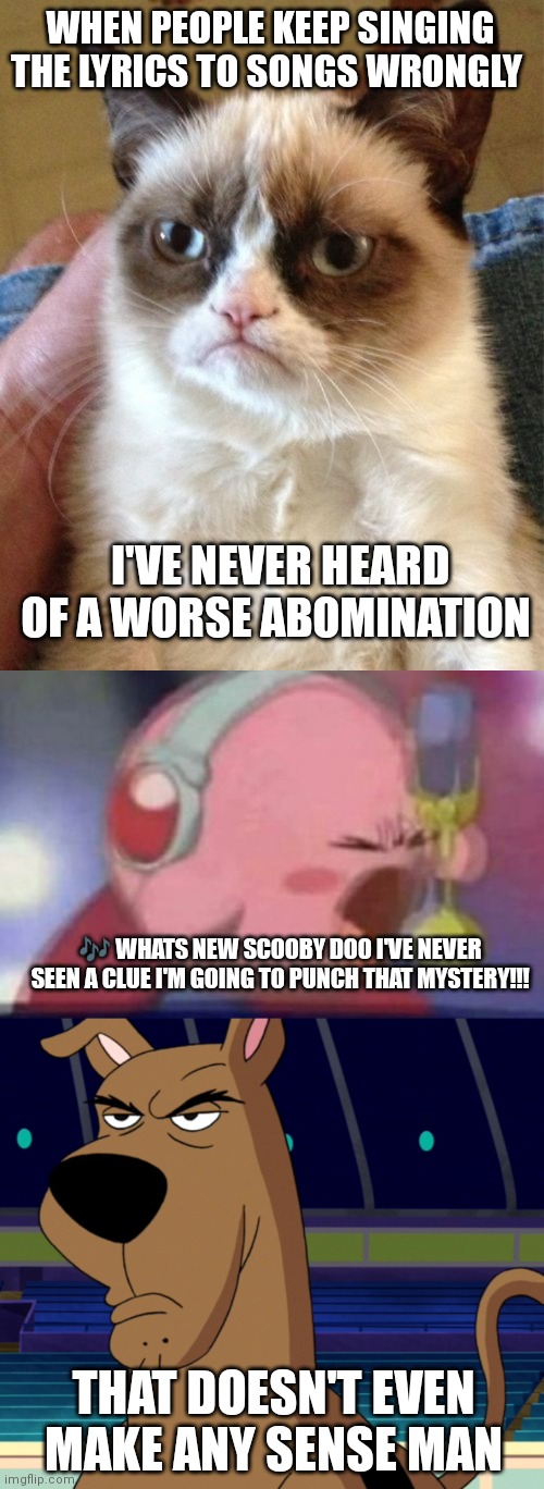 Such abomination | WHEN PEOPLE KEEP SINGING THE LYRICS TO SONGS WRONGLY; I'VE NEVER HEARD OF A WORSE ABOMINATION; 🎶 WHATS NEW SCOOBY DOO I'VE NEVER SEEN A CLUE I'M GOING TO PUNCH THAT MYSTERY!!! THAT DOESN'T EVEN MAKE ANY SENSE MAN | image tagged in memes,grumpy cat,funny memes,funny,song lyrics,cringe | made w/ Imgflip meme maker